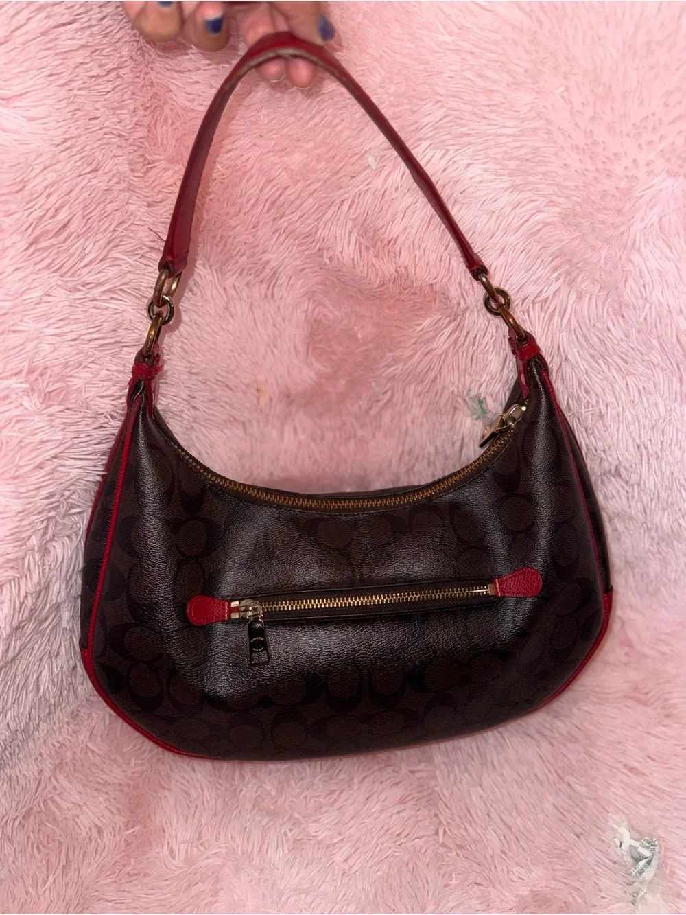 Coach Brown Signature Shoulder Bag with Red Trim